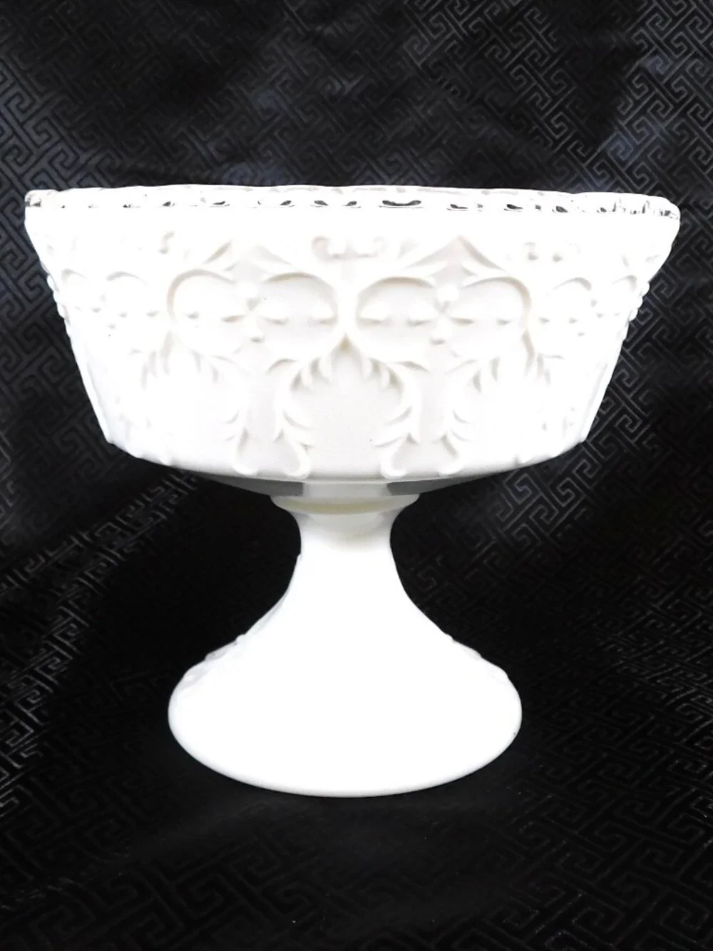 White Textured Glass Compote with Clear Glass Rim # 24720